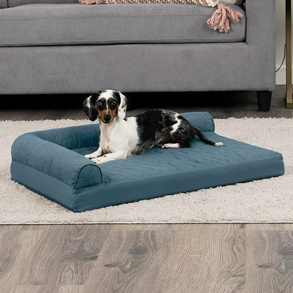 Furhaven Cooling Gel Dog Bed for Medium/Small Dogs w/ Removable Bolsters &amp; Washable Cover, For Dogs Up to 35 lbs - Pinsonic Quilted Paw L Shaped Chaise - Bluestone, Medium