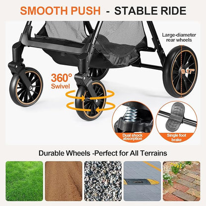 Pet Stroller for Small/Medium Dogs &amp; Cats up to 55 lbs, Upgraded 4 Wheels Dog Stroller for Large Dogs, 3-in-1 Foldable Portable Travel Carrier for 2 Cats with Storage Basket and Cupholder