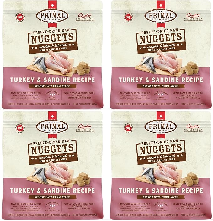 Primal Freeze Dried Raw Dog Food Nuggets, Turkey &amp; Sardine, Complete &amp; Balanced Meal, Also Use as Topper or Treat, Premium, Healthy, Grain Free, High Protein Raw Dog Food, 14 oz (Pack of 4)