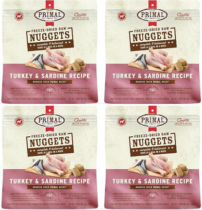 Primal Freeze Dried Raw Dog Food Nuggets, Turkey &amp; Sardine, Complete &amp; Balanced Meal, Also Use as Topper or Treat, Premium, Healthy, Grain Free, High Protein Raw Dog Food, 14 oz (Pack of 4)