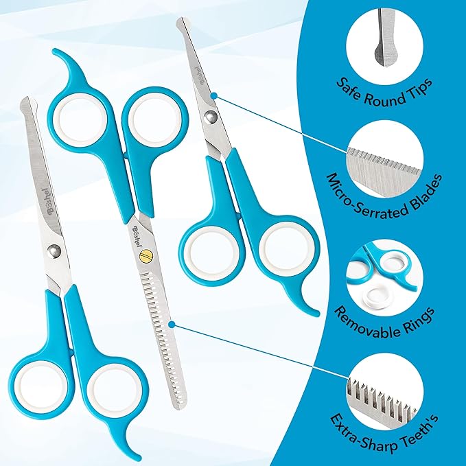 BOSHEL 3 Pc Dog Grooming Scissors Kit - 7" Scissor For Body Hair Trimming, 6" Small Micro-serrated Scissor For Face, Ear, &amp; Paws, Thinning Shears For Dogs - Professional Dog Grooming Kit For Cat &amp; Pet