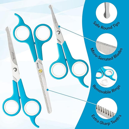 BOSHEL 3 Pc Dog Grooming Scissors Kit - 7" Scissor For Body Hair Trimming, 6" Small Micro-serrated Scissor For Face, Ear, &amp; Paws, Thinning Shears For Dogs - Professional Dog Grooming Kit For Cat &amp; Pet