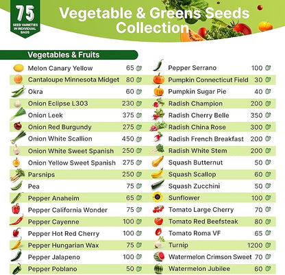 75 Vegetable &amp; Greens Seeds Variety Pack, Garden Seed Starter Kit - Over 44,700 Non-GMO Heirloom Seeds for Planting Vegetables and Greens, Gift Seed Box with Gardening Supplies, Survival Kit