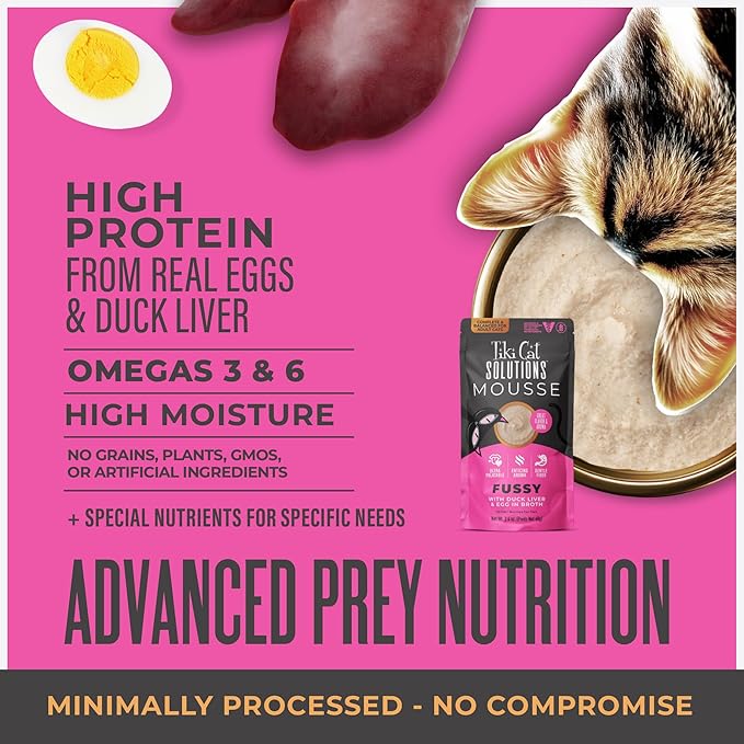 Tiki Cat Solutions Fussy Mousse, Duck Liver &amp; Egg, Specially Formulated to Support Healthy Digestion, Functional Wet Cat for Adult Cats, 2.4 oz. Pouch (12 Count)