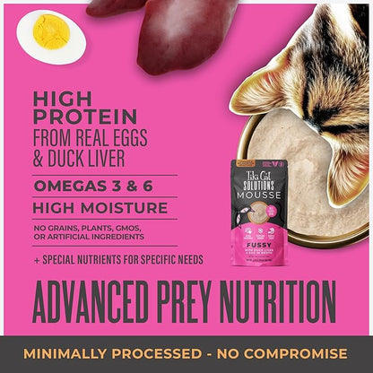Tiki Cat Solutions Fussy Mousse, Duck Liver &amp; Egg, Specially Formulated to Support Healthy Digestion, Functional Wet Cat for Adult Cats, 2.4 oz. Pouch (12 Count)