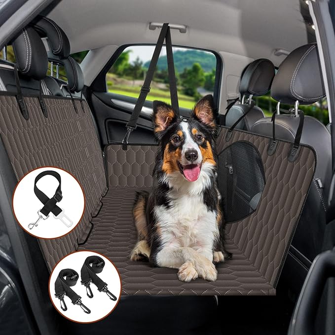 Waterproof Dog Car Seat Cover - Scratch Proof Nonslip Back Seat Hammock with Mesh Window &amp; Storage Pocket for SUVs/Trucks/Sedans-S, Brown/Black