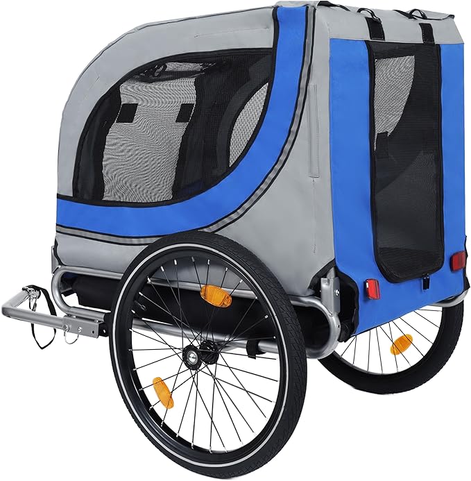 Blue-Grey Large Folding Bike Trailer for Dogs – Heavy-Duty Steel Frame, 66LB Capacity Pet Carrier for All-Terrain Cycling, Jogging &amp; Camping Adventures!
