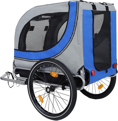Blue-Grey Large Folding Bike Trailer for Dogs – Heavy-Duty Steel Frame, 66LB Capacity Pet Carrier for All-Terrain Cycling, Jogging &amp; Camping Adventures!