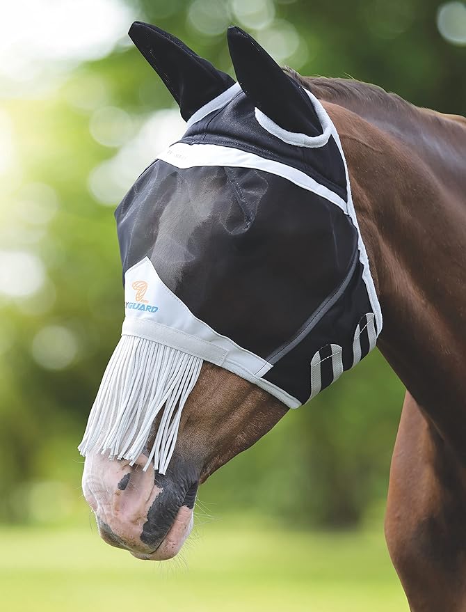 Shires Fine Mesh Horse Equine Fly Mask with Ears &amp; Nose Fringe UV Protection! (Full,Black)