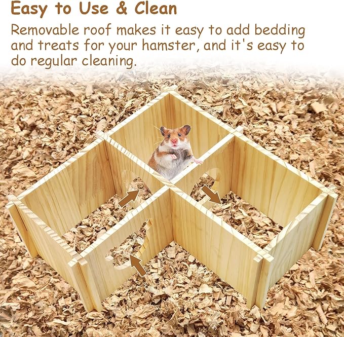 Fhiny Wooden Hamster House, Multi-Chamber Hamster Hideout &amp; Tunnel Detachable Activity Room Exploring Toys Rats Habitat Decor for Dwarf Hamsters Gerbils Mice Lemmings (Small)