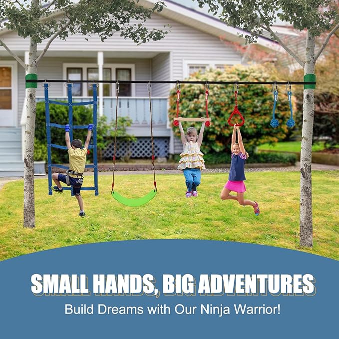 Slsy 60FT Ninja Warrior Obstacle Course (10 Obstacles), Ninja Slackline Kit for Kids, Durable Playset Equipment with 10 Complete Set-Monkey Bar,Swing, Climbing Ladder &amp; Net