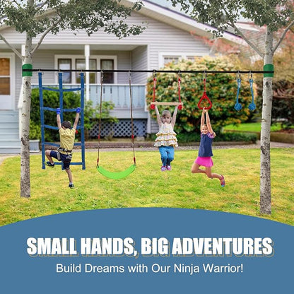 Slsy 60FT Ninja Warrior Obstacle Course (10 Obstacles), Ninja Slackline Kit for Kids, Durable Playset Equipment with 10 Complete Set-Monkey Bar,Swing, Climbing Ladder &amp; Net