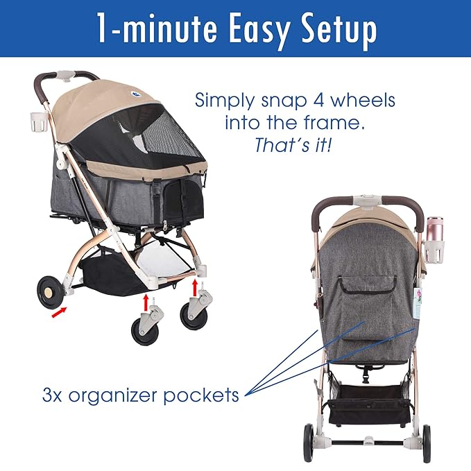 HPZ-PR America Pet Rover Lite Premium Light-Weight Dog/Cat/Pet Stroller Travel Carriage with Convertible Compartment/Aluminum Frame for Small &amp; Medium Pets (Taupe 2nd-Gen.)