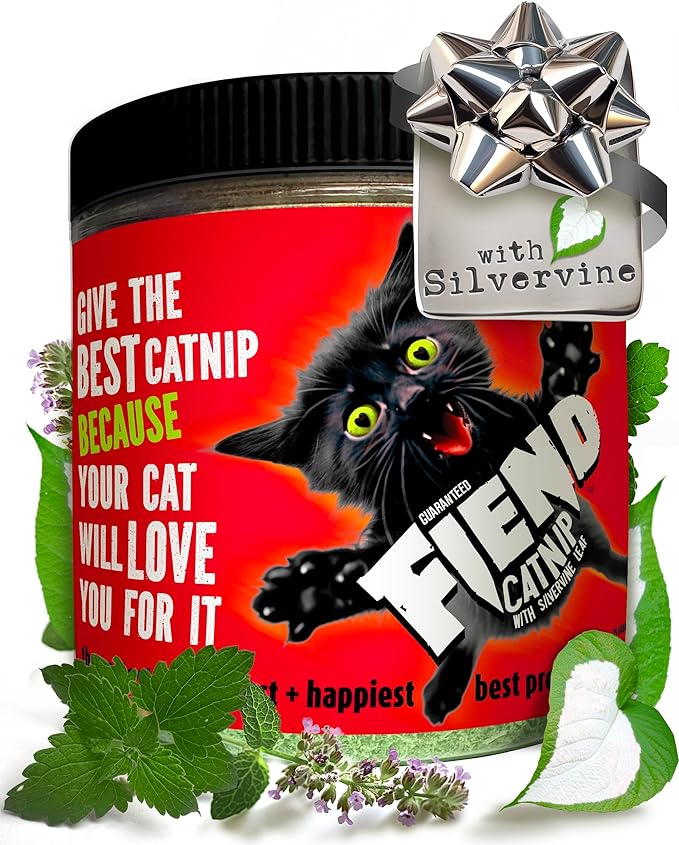 Fiend Catnip + Silvervine for Cats &amp; Kittens Safety-Cut Premium Fine Cat Nip Blend with Vegan Silvervine + Sticker – Ultra Potent, North American – 1 Cup (34.5g) Go Ahead, Create a Monster!