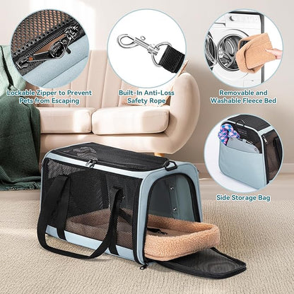 PETSFIT Soft-Sided Cat Carriers &amp; Car Seats with Patent Safe Buckles, Clip-On Harness，18"x11"x11" Airline Approved Pet Carrier - 9 lbs Capacity (Cyan Blue)