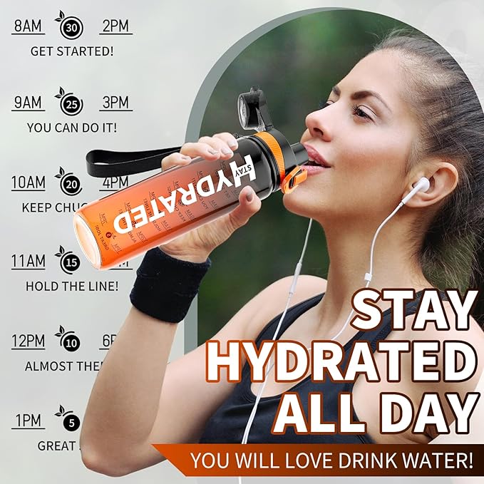 Water Bottle, 32 oz Motivational Water Bottles with Time Marker-Tritan &amp; BPA Free, Sports Water Bottle with Time to Drink &amp; Strap, Wide Mouth, Leakproof -Gift for Christmas Gym Fitness &amp; Outdoor