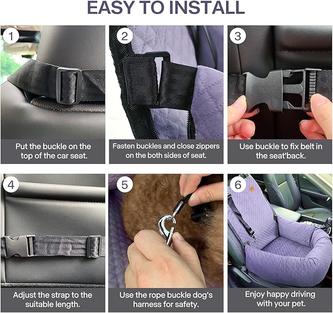 Dog Car Seat for Small Medium Dogs Up to 40lbs, Detachable Washable Soft Pet Booster Travel Bed for Front &amp; Purple Seat with Safety Leash Belt