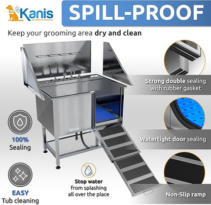 KANIS Professional Dog Washing Station - 304 Stainless Steel Pet Wash Sink &amp; Grooming Bath Tub for Home with Ramp, Shower, Floor Grate, Storage Shelf, Faucet, Drain Kit for Large, Medium &amp; Small Pets