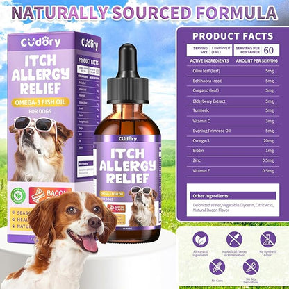 Dog Allergy Relief Drops, Skin &amp; Coat Support with Fish Oil and Omega-3, Natural Immune Supplement for Dogs – Seasonal Allergy &amp; Itchy Skin Care – Soothes Sensitive Skin, Itch Relief for Dog, 2 Fl oz
