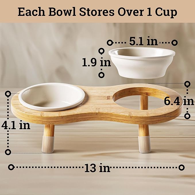 Elevated Cat Bowls - Set of 2 Ceramic Pet Food Bowls with Anti-Slip Bamboo Stand - 15 Degree Titled - Raised Dog Bowl for Small Dogs - Raised Cat Bowl Stand - Pet Feeding Station for Cats &amp; Small Dogs