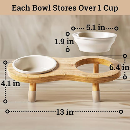 Elevated Cat Bowls - Set of 2 Ceramic Pet Food Bowls with Anti-Slip Bamboo Stand - 15 Degree Titled - Raised Dog Bowl for Small Dogs - Raised Cat Bowl Stand - Pet Feeding Station for Cats &amp; Small Dogs