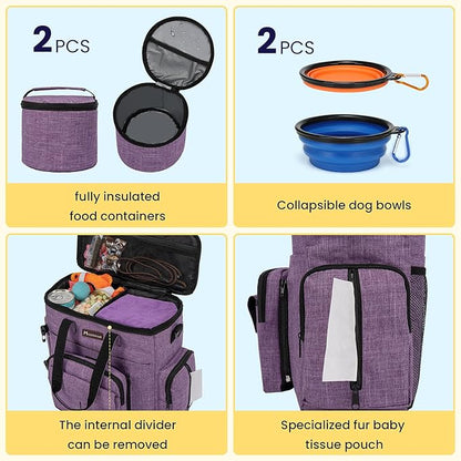 Modoker Dog Travel Organizer Carriers for Supplies &amp; Accessories, Airline Approved Cat Pet Travel Bag, 2 Collapsible Bowls, 2 Travel Dog Food Container, Purple