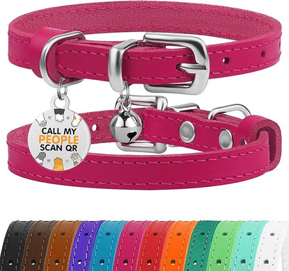 BRONZEDOG Leather Cat Collar with Removable Bells Non Breakaway Kitten QR Tag for Girl Boy (7" - 9" for Cats, Pink &amp; Silver)