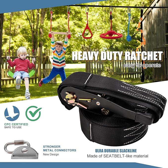 Slsy 60FT Ninja Warrior Obstacle Course (13 Obstacles), Ninja Slackline Kit for Kids, Durable Playset Equipment with 13 Most Complete Set-Monkey Bar,Swing, Balance Belt, Climbing Ladder &amp; Net