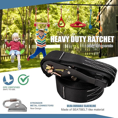 Slsy 60FT Ninja Warrior Obstacle Course (13 Obstacles), Ninja Slackline Kit for Kids, Durable Playset Equipment with 13 Most Complete Set-Monkey Bar,Swing, Balance Belt, Climbing Ladder &amp; Net