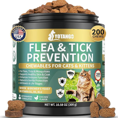 Natural Flea Treatment for Cats Chewables, 200 Soft Treats Flea and Tick Prevention for Cats, Oral Flea Supplement for Kitten Cat, Cat Flea and Tick Treatment, Skin &amp; Coat Support - All Breeds &amp; Ages