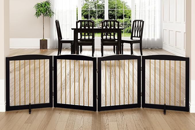 Freestanding Pet Gate for Dogs, Foldable Wooden Dog Gate for House, Indoor Dog Gate for Stairs, Doorways, Step Over Pet Puppy Safety Fence, 80 Inch Wide, 4 Panels 24", Black &amp; Gold