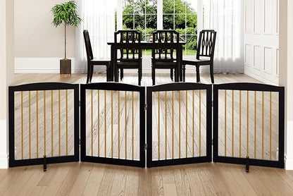 Freestanding Pet Gate for Dogs, Foldable Wooden Dog Gate for House, Indoor Dog Gate for Stairs, Doorways, Step Over Pet Puppy Safety Fence, 80 Inch Wide, 4 Panels 24", Black &amp; Gold