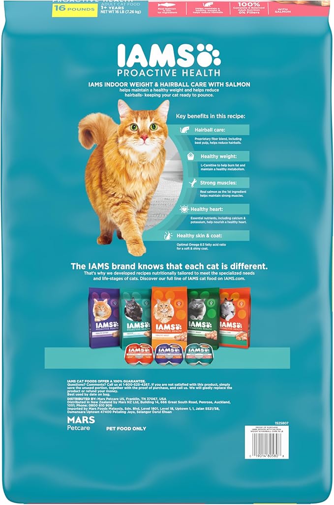 IAMS Proactive Health Indoor Weight Control &amp; Hairball Care Adult Dry Cat Food, Salmon Recipe, 16 lb. Bag
