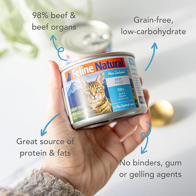 Feline Natural New Zealand Canned Catfood Wet Food, High-Meat, Low-Carb, &amp; Grain Free Cat Food Wet, Beef Feast, 6 oz, Pack of 12