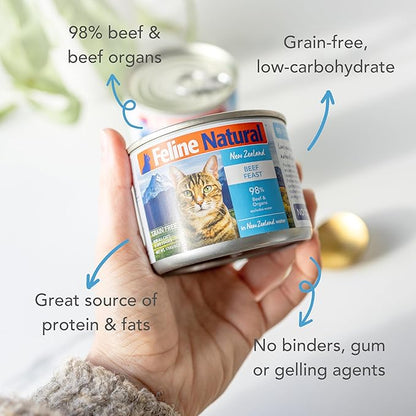 Feline Natural New Zealand Canned Catfood Wet Food, High-Meat, Low-Carb, &amp; Grain Free Cat Food Wet, Beef Feast, 6 oz, Pack of 12