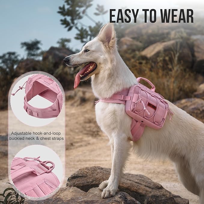 ONETIGRIS Dog Backpack for Medium &amp; Large Dogs, Mammoth Nylon Dog Pack Tactical Backpack Harness with Side Pockets for Hiking Walking Training Running (Pink, Large)