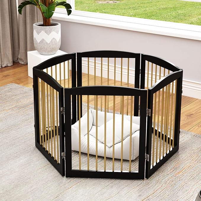 Freestanding Pet Gate for Dogs, Foldable Wooden Dog Gate for House, Extra Wide Indoor Pet Barrier for Stair, Doorway, Hall, Support Feet Included, 120 Inch Wide, 6 Panels 24",Black&amp;Gold