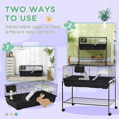 PawHut Two-Story Small Animal Cage Removable from Stand, Guinea Pig Cage with Shelf &amp; Wheels, Pet Habitat for Hedgehog, Chinchilla, Ferret, 39" x 20.5" x 36.5", Black