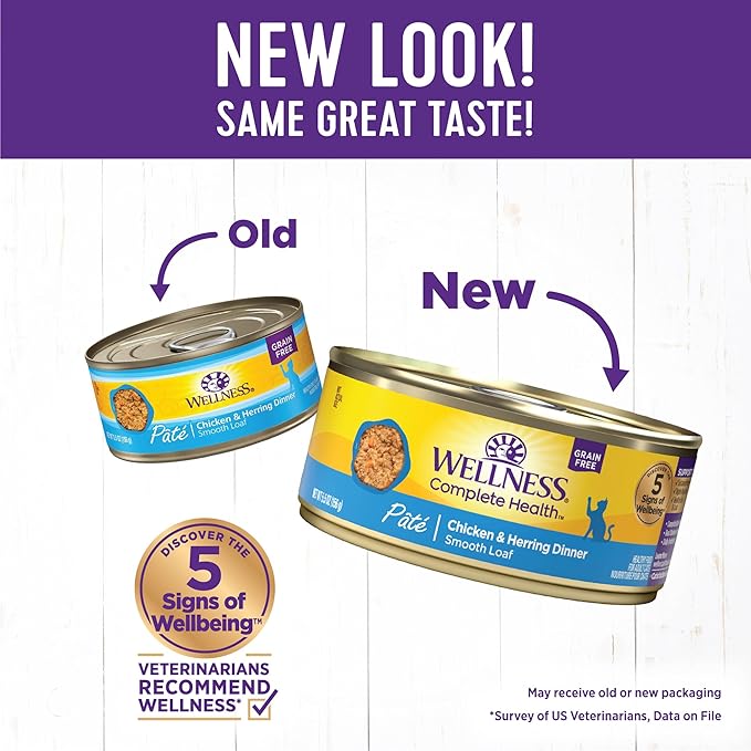 Wellness Complete Health Pate Adult Wet Cat Food, Natural, Protein-Rich, Grain Free, 5.5 Ounce, 24 Pack, (Chicken &amp; Herring)