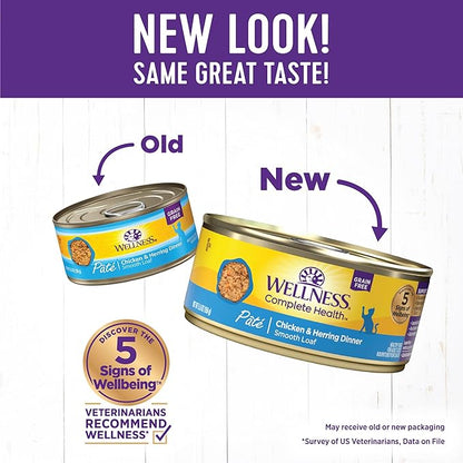 Wellness Complete Health Pate Adult Wet Cat Food, Natural, Protein-Rich, Grain Free, 5.5 Ounce, 24 Pack, (Chicken &amp; Herring)