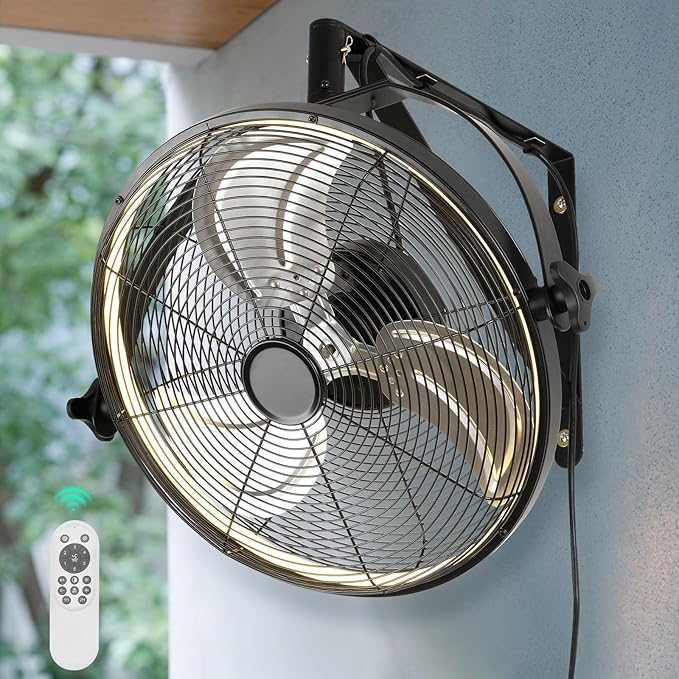 16 inch Wall Mount Fan with Lights and Remote,6-Speed Gazebo Ceiling Fan Adjustable Tilt Dimmable Wall Fan,High Velocity Industrial Outdoor Fans for Patio,Garage,Commercial,Black