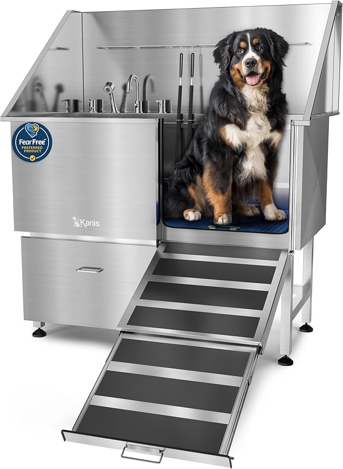 KANIS Professional Dog Washing Station - 304 Stainless Steel Pet Wash Sink &amp; Grooming Bath Tub for Home with Ramp, Shower, Floor Grate, Storage Drawer, Faucet, Drain Kit for Large, Medium &amp; Small Pets