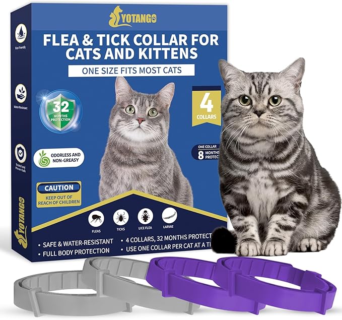 4 Pack Flea Collar for Cats, 32 Months Flea and Tick Prevention for Cats, Waterproof Cat Flea Collar, Natural Cat Flea and Tick Treatment, Adjustable Flea and Tick Collar for Cats Kittens(Grey&amp;Purple)