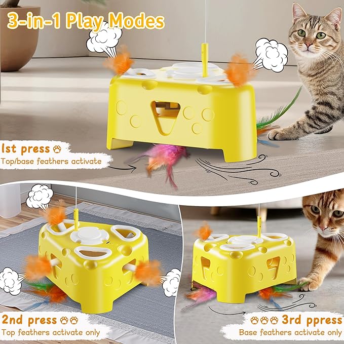 3-in-1 Interactive Cat Toy for Indoor Cats,Automatic Kitten Toys,Flying Bird,6 Holes Mole,Rotating Feather, USB Rechargeable Electronic Interactive Feather Toy for Bored Adult &amp; Kitten Cats