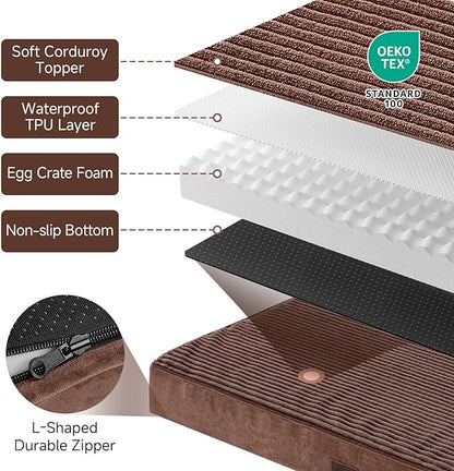 OhGeni Orthopedic Waterproof &amp; Machine Washable Dog Bed for Medium Large Pets, Suitable for Crates, Cat Mat with 25D Egg Crate Foam, Non-Slip Bottom &amp; Removable Cover, 35 Inches(Brown)