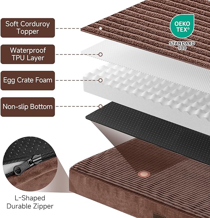 OhGeni Orthopedic Waterproof &amp; Machine Washable Dog Bed for Large Pets, Suitable for Crates, Cat Mat with 25D Egg Crate Foam, Non-Slip Bottom &amp; Removable Cover, Invisible Zipper, 41 Inches(Brown)