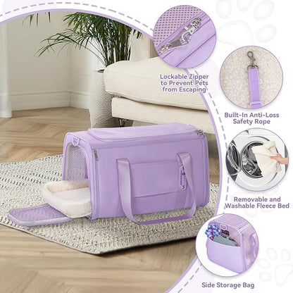 PETSFIT Soft-Sided Cat Carriers &amp; Car Seats with Patent Safe Buckles, Clip-On Harness, 18"x11"x11" Airline Approved Pet Carrier - 9 lbs Capacity (Purple)
