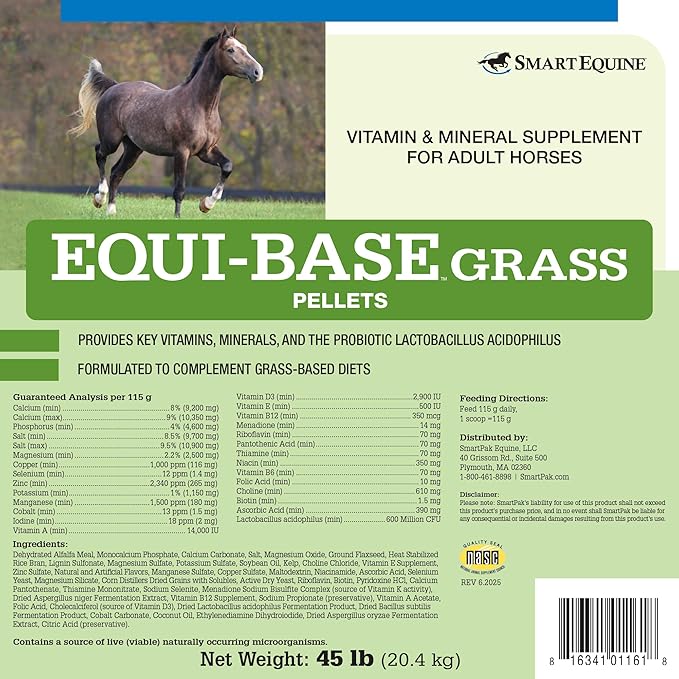 Uckele by SmartEquine EquiBase Grass Pellets | Horse Vitamins &amp; Minerals Supplement, Forage Balancer | Horses in Light to Moderate Work | 45 lb Bucket