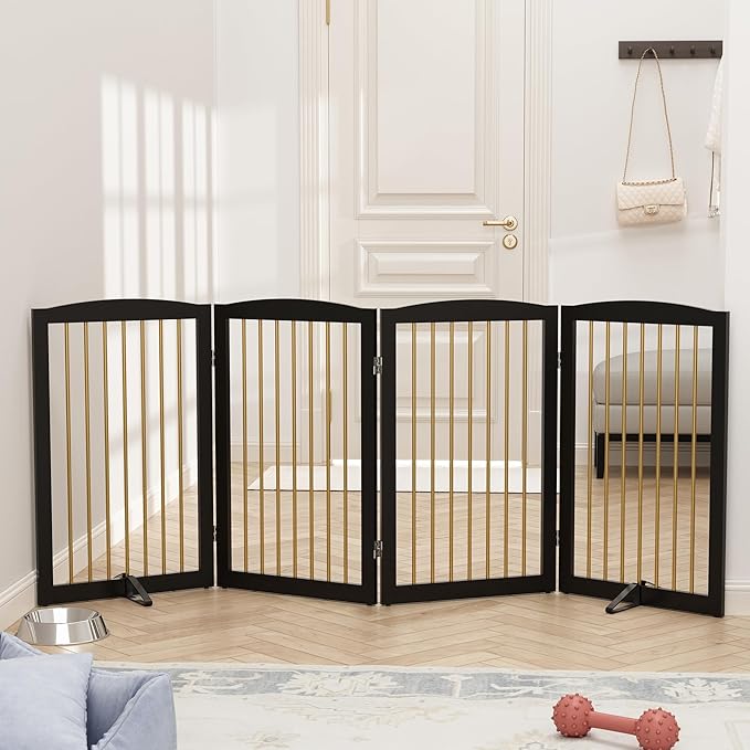 Freestanding Pet Gate for Dogs, Indoor Wooden Dog Gate for House, Foldable Dog Gate for Doorway, Stair, Step Over Pet Puppy Safety Fence Tall, 80 Inch Wide, 4 Panels 32", Black &amp; Gold