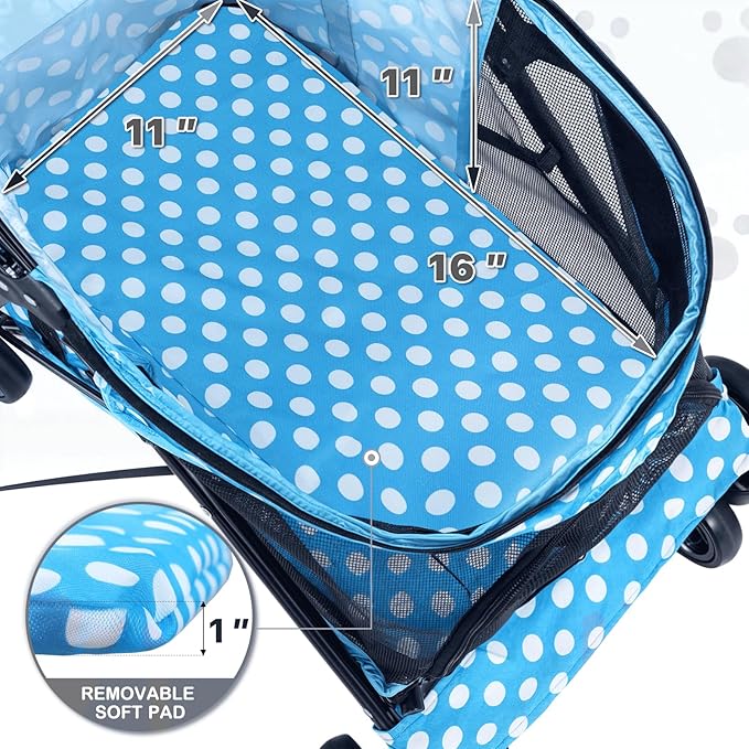 MoNiBloom 4 Wheels Pet Stroller, Easy-Fold Umbrella Shaped Dog Cat Jogger Stroller w/Storage Bag &amp; Visible Mesh for Small/Medium Dogs Cats Sky Blue Polka Dots
